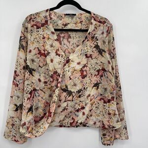 Fora Flared Sleeves Floral Faux Wrap Multicolor V-neck Blouse Size M